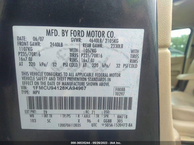 2008 FORD ESCAPE LIMITED VIN: 1FMCU94128KA94967