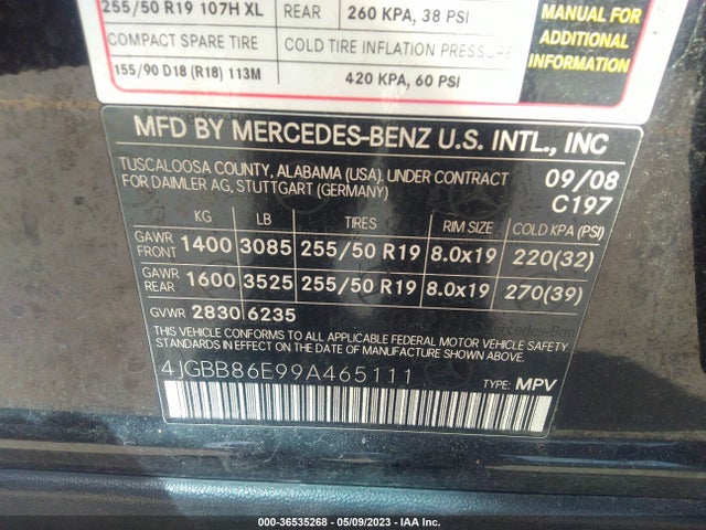 Продажа на аукционе авто 2009 Mercedes-benz M-class 3.5l, vin: 4JGBB86E99A465111, номер лота: 36535268