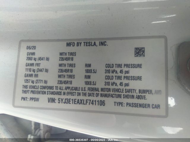 5YJ3E1EAXLF741106 Tesla Model 3 Standard Range