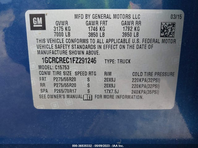 2015 CHEVROLET SILVERADO 1500 LT VIN: 1GCRCREC1FZ291246