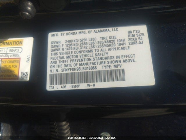 Honda Passport Touring 2020 5FNYF8H96LB018088 Image 9