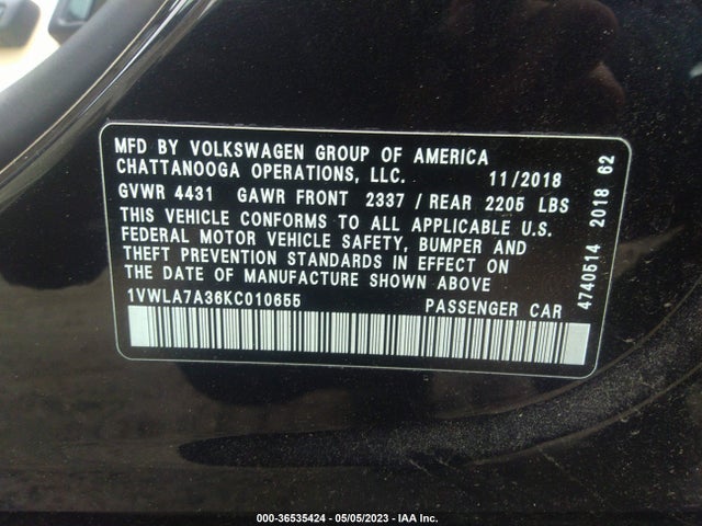1VWLA7A36KC010655 Volkswagen Passat 2.0t Wolfsburg Edition