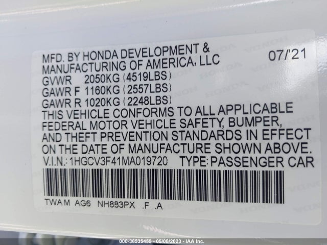 2021 HONDA ACCORD HYBRID EX VIN: 1HGCV3F41MA019720