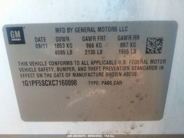 2012 CHEVROLET CRUZE LT W/1LT VIN: 1G1PF5SCXC7160098