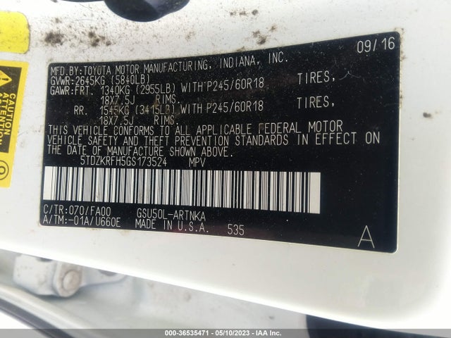 Toyota Highlander Le 2016 5TDZKRFH5GS173524 Image 9