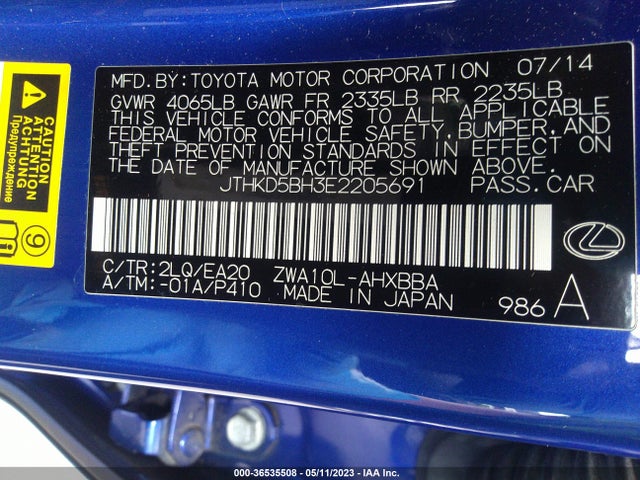JTHKD5BH3E2205691 Lexus Ct 200h Hybrid