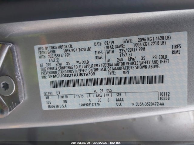 2019 FORD ESCAPE SE VIN: 1FMCU0GD1KUB19709