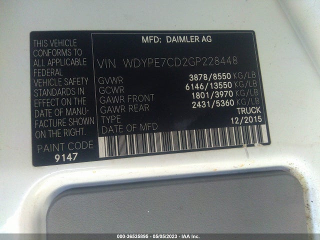 2016 Freightliner Sprinter, VIN: WDYPE7CD2GP228448