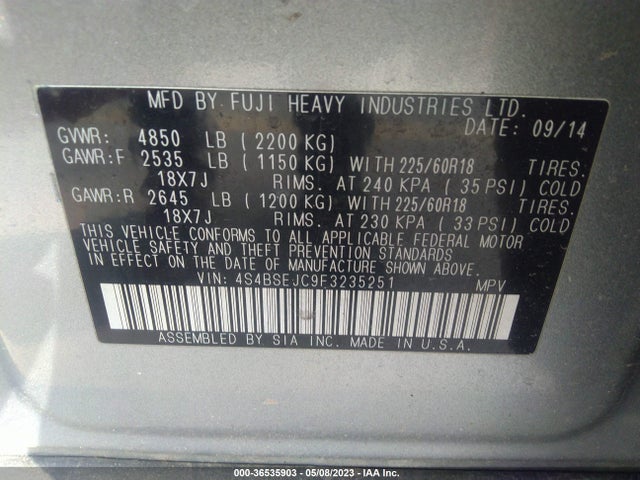4S4BSEJC9F3235251 Subaru Outback 3.6r Limited
