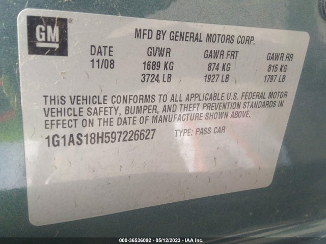 2009 CHEVROLET COBALT LS VIN: 1G1AS18H597226627
