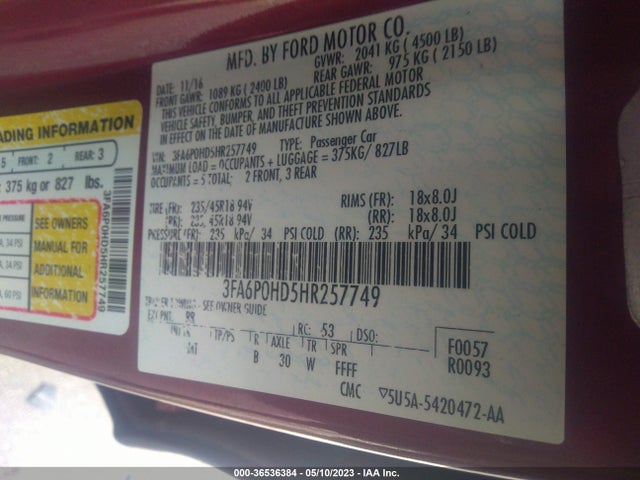 Ford FUSION SE 2017 3FA6P0HD5HR257749 Image 9