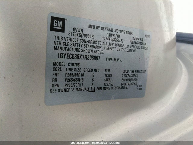 2007 CADILLAC ESCALADE VIN: 1GYEC638X7R303997