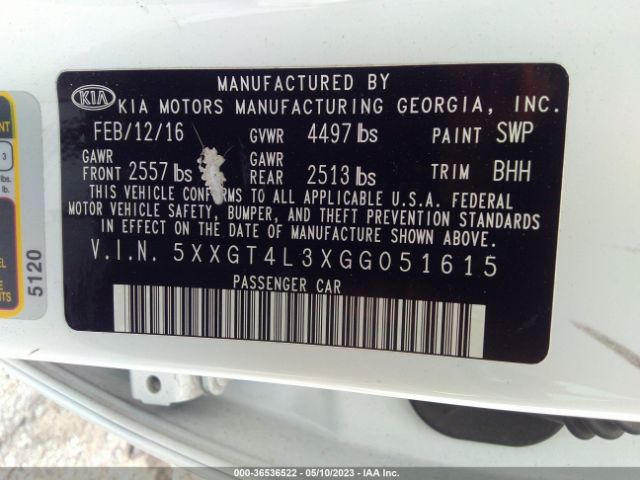 5XXGT4L3XGG051615 KIA Optima Lx