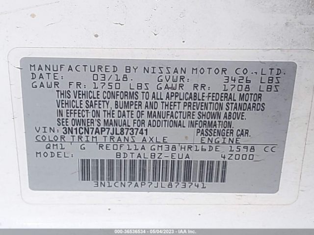 3N1CN7AP7JL873741 Nissan Versa Sedan Sv
