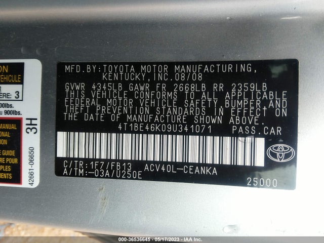 2009 TOYOTA CAMRY VIN: 4T1BE46K09U341071