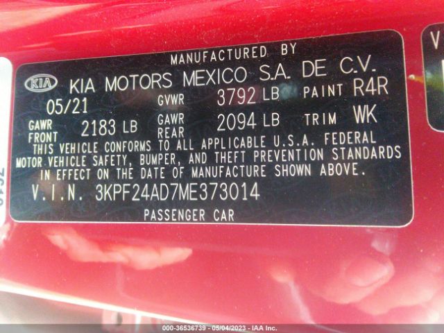 3KPF24AD7ME373014 KIA Forte Lxs