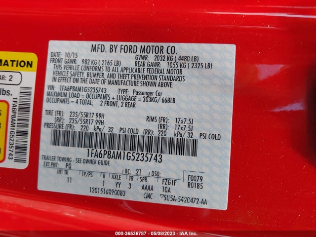 2016 FORD MUSTANG V6 VIN: 1FA6P8AM1G5235743