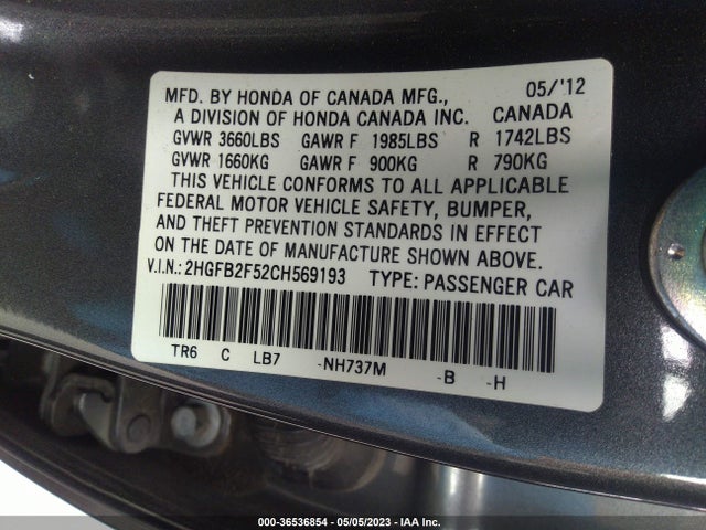 2012 HONDA CIVIC SDN LX VIN: 2HGFB2F52CH569193