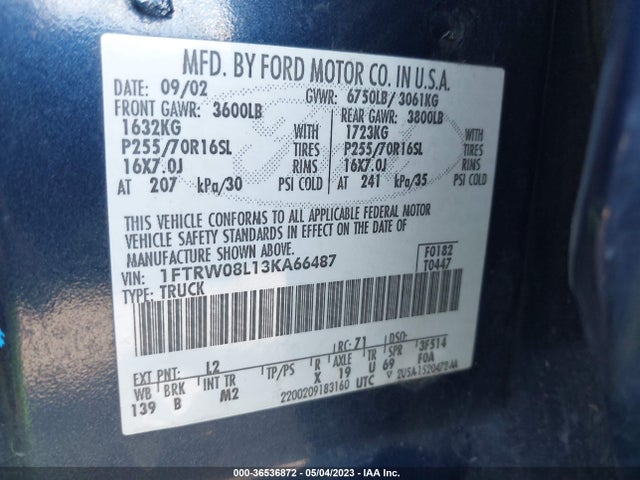 2003 FORD F-150 XLT/LARIAT/KING RANCH VIN: 1FTRW08L13KA66487
