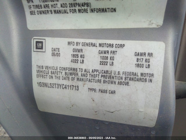 2000 OLDSMOBILE ALERO GL2 VIN: 1G3NL52T3YC411713