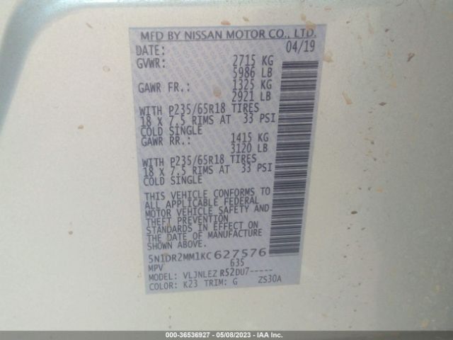5N1DR2MM1KC627576 Nissan Pathfinder Sv