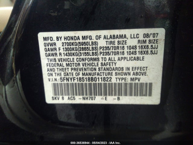 2008 HONDA PILOT EX-L VIN: 5FNYF18518B011822