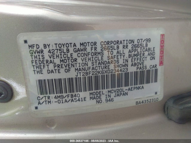 1999 TOYOTA CAMRY LE/XLE VIN: JT2BF22K6X0234423