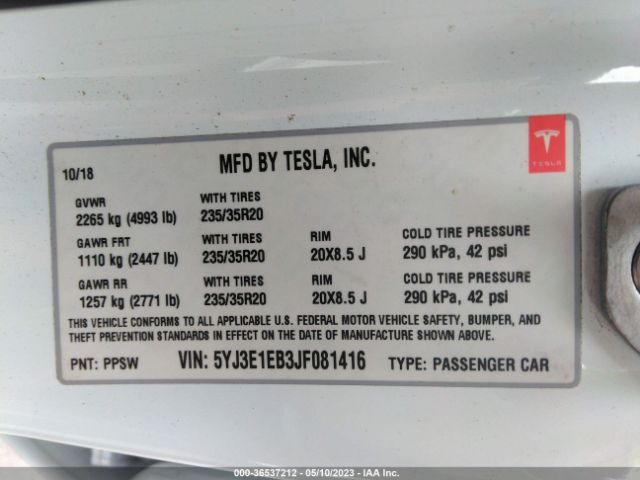 5YJ3E1EB3JF081416 Tesla Model 3 Long Range