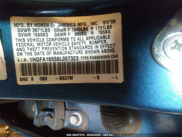 2008 HONDA CIVIC SDN LX VIN: 1HGFA16558L057323