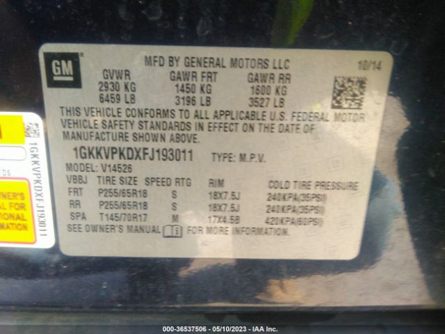1GKKVPKDXFJ193011 GMC ACADIA SLE