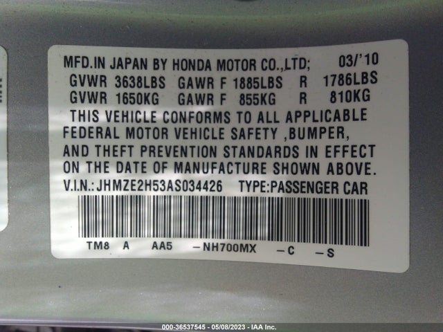 2010 HONDA INSIGHT LX VIN: JHMZE2H53AS034426