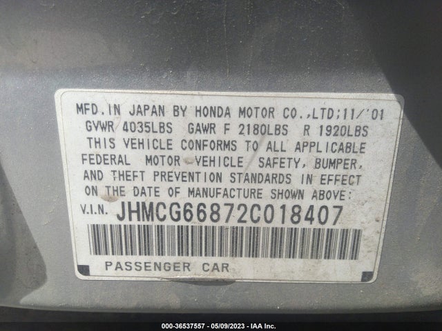 2002 HONDA ACCORD SDN SE/EX/EX W/LEATHER VIN: JHMCG66872C018407
