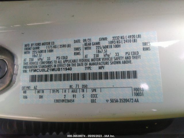1FMCU0LZ1MUB11940 Ford Escape Titanium Plug-in Hybrid