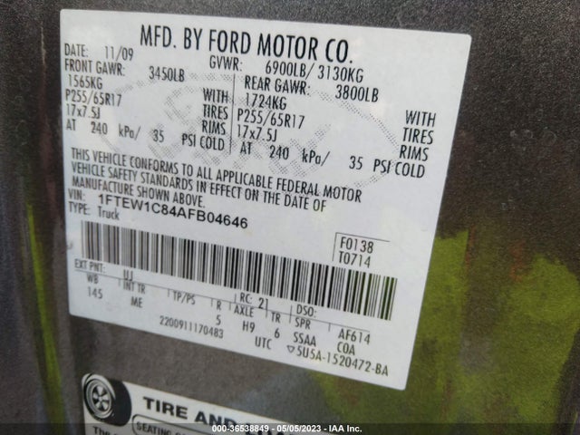 2010 FORD F-150 XL/XLT/FX2 SPORT VIN: 1FTEW1C84AFB04646