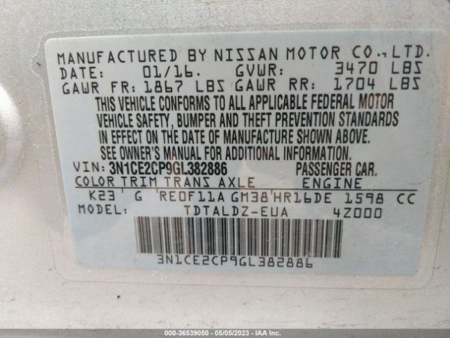 3N1CE2CP9GL382886 Nissan Versa Note S/s Plus/sv/sr/sl