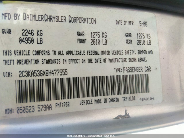 2006 CHRYSLER 300 TOURING VIN: 2C3KA53GX6H477555