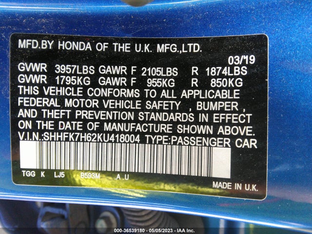 Honda Civic Hatchback Ex 2019 SHHFK7H62KU418004 Image 9