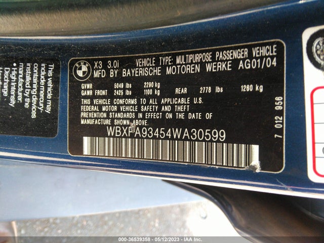 2004 BMW X3 3.0I VIN: WBXPA93454WA30599