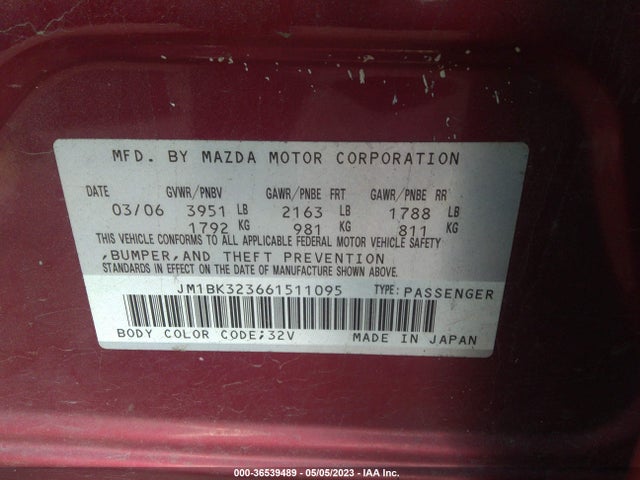 2006 MAZDA MAZDA3 S TOURING VIN: JM1BK323661511095