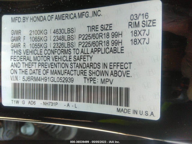 Honda Cr-v Touring 2016 5J6RM4H91GL052939 Image 9