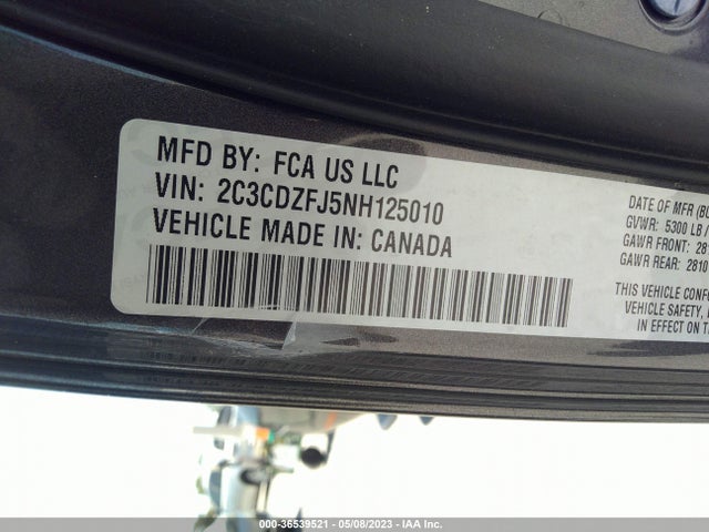 36539521 :رقم المزاد ، 2C3CDZFJ5NH125010 vin ، 2022 Dodge Challenger R/t Scat Pack مزاد بيع