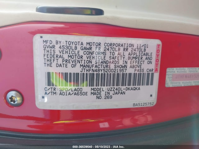 2002 LEXUS SC 430 VIN: JTHFN48Y520021957