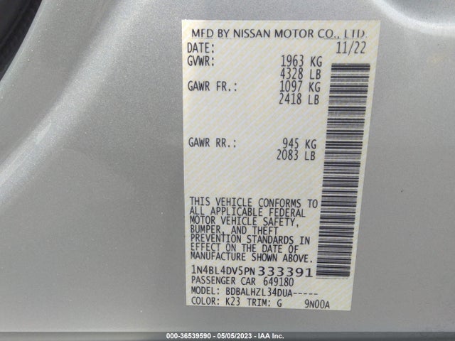 2023 NISSAN ALTIMA 2.5 SV VIN: 1N4BL4DV5PN333391