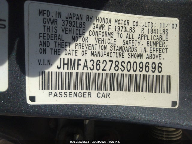 2008 HONDA CIVIC HYBRID VIN: JHMFA36278S009696