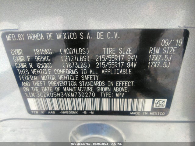 Honda HR-V LX 2019 3CZRU5H34KM730270 Image 9