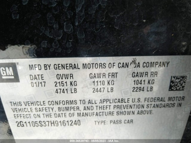 2017 CHEVROLET IMPALA LT VIN: 2G1105S37H9161240