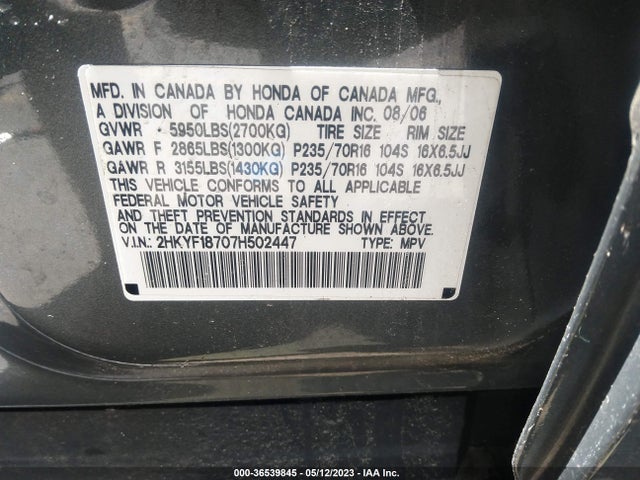 2007 HONDA PILOT EX-L VIN: 2HKYF18707H502447