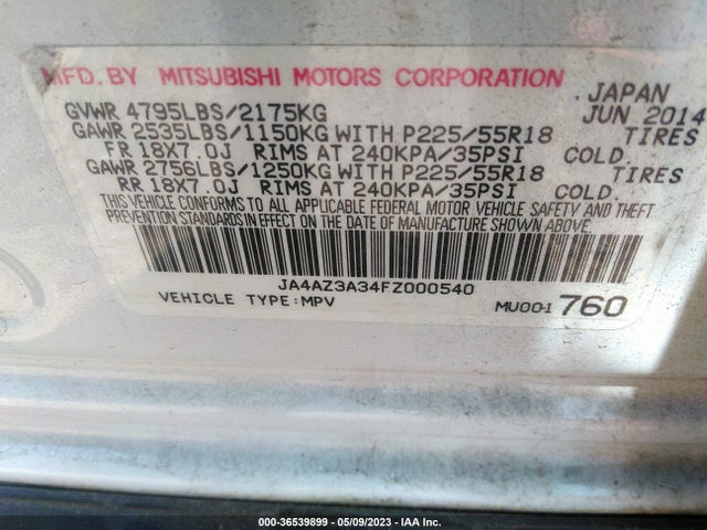 JA4AZ3A34FZ000540 Mitsubishi Outlander Se
