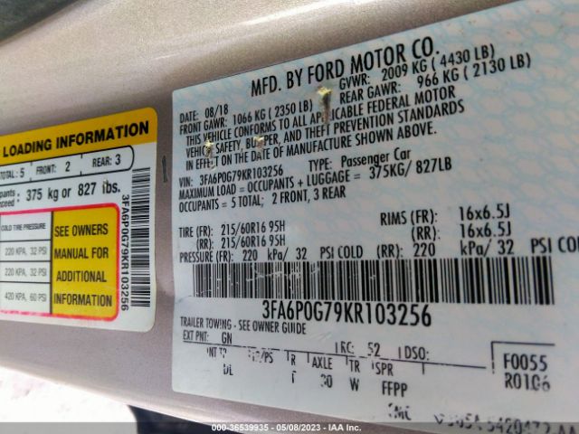 3FA6P0G79KR103256 Ford FUSION S