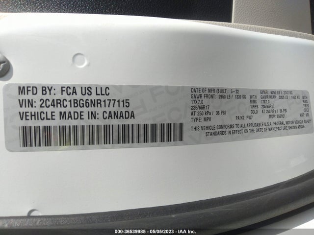2022 CHRYSLER PACIFICA TOURING L VIN: 2C4RC1BG6NR177115